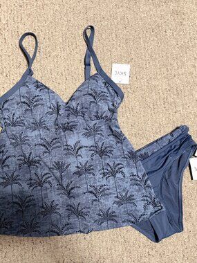 Skye Women's Blue Palm tankini Set Built-in Bra Small swim suit